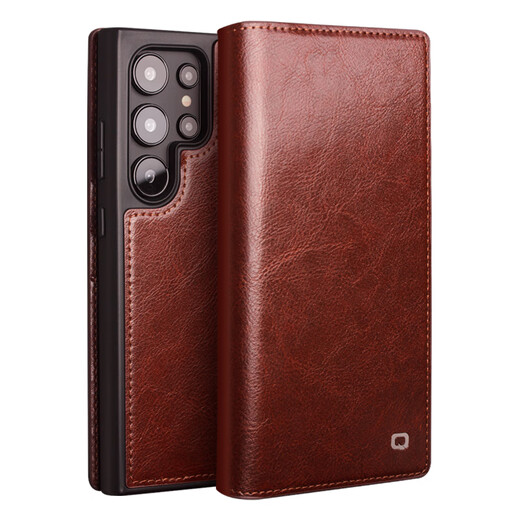 Qieli eignet sich für Samsung S24ultra Mobiltelefon-Hülle Galaxy S24+ Echtes Leder-Flip-Cover-Schutzhülle mit voll bedeckter Anti-Fall-Ledertasche für Männer und Frauen S24 Ultra Classic Brown [High-End-Cowide]