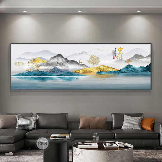 涵轩新中式客厅装饰画现代轻奢沙发背景墙画壁画山水画办公室茶室挂画 JD15565 240*80CM 手工镶钻画铝合金黑框