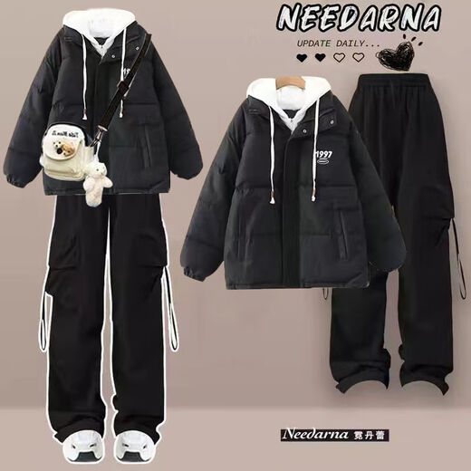 Fhhuabd Winter Frauenkleidung volle Set kleiner süßer Plüsch-verdickter Beutel für weibliche Studenten koreanische louse Brotplüschschwarze Hose 1396# S Empfohlen 80-95jin [Jin gleich 0,5 kg]
