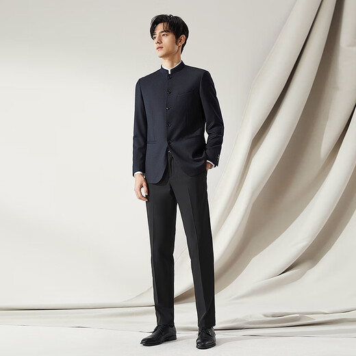 Sept marque [Woolmark] Suit en laine pour hommes printemps et d'été Nouvelles affaires Forme Formal Wear Chinois Stand-Up Cold Western Veste Western 7145 Black 54 (190)
