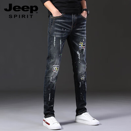 JEEP SPIRIT高端破洞牛仔裤男秋夏款潮牌刮烂弹力新款修身小脚夏季男士长裤子 687黑色 32