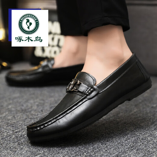 Woodpecker Chaussures masculines en cuir authentique, chaussures de petite cuir noires, une touche de chaussures à la mode, surface en cuir, chaussures de haricots décontractées pour hommes, mocassins pour hommes, YL-D878 Black Flagship Model 44