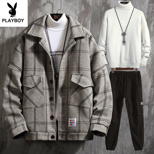 Playboy Jacket Men's Jacket Autumn and Winter Thickened Casual Suit Korean Style Men's Clothing Set with Handsome Cotton Clothes Trend Blue Jacket + Black Sweater + Pants Thickened L Recommended 100-115 Jin Jin equals 0.5 kg