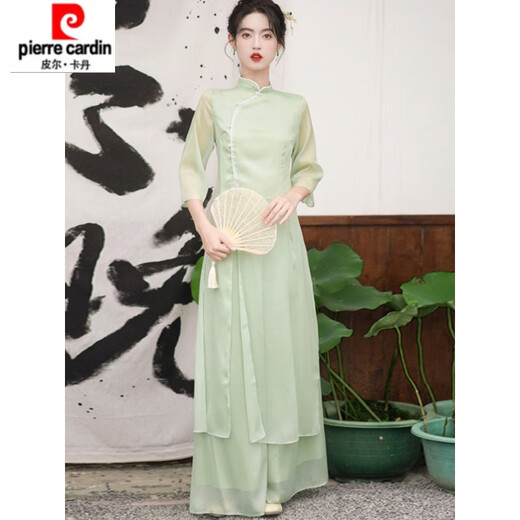 皮尔卡丹仙气汉服日常禅意茶艺师服装采耳古筝养生馆新中式旗袍连衣裙 689浅绿套装 S