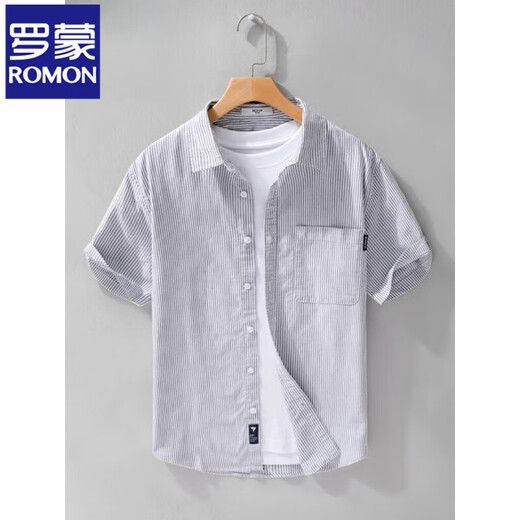 ROMON men's pure cotton short-sleeved shirt Japanese casual summer thin new striped shirt trendy splicing top 9740 light blue M
