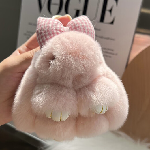Tucker is suitable for cute real rex rabbit fur bow little rabbit car keychain pendant ins plush doll school bag rouge light pink