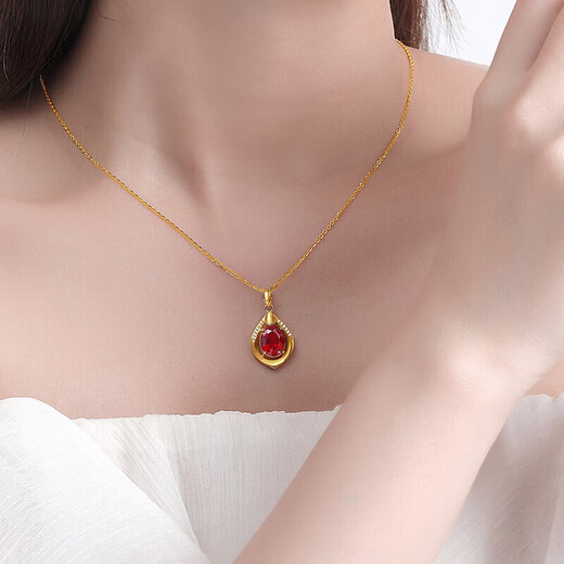 Haikai Necklace Women's Water Drop Red Gem Pendant 24 Gold K Necklace Jewelry Valentine's Day Birthday Gift 24 Gold Ruby Pendant + Gold Chain