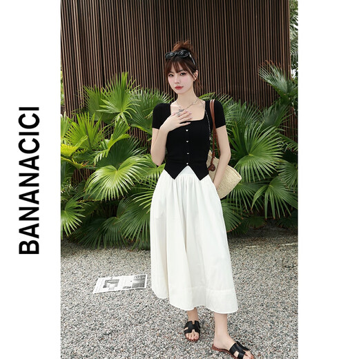 banana cici2024款方领开衩短袖针织衫女爱心纽扣冰爽丝修身上衣C242MY698 黑色 M