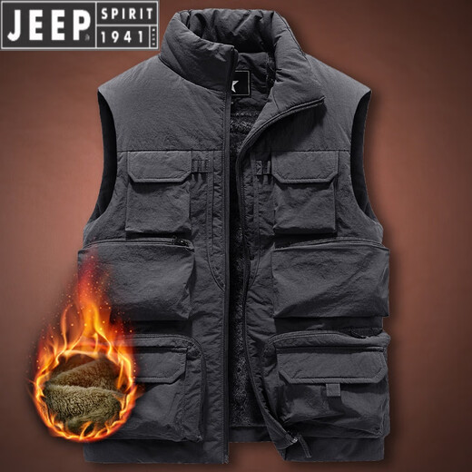 JEEP SPIRIT velvet thickened outdoor sports vest men's multi-pocket work vest fishing photography vest sleeveless jacket trendy 8877 khaki-plush style M suitable for weight 100-120Jin Jin is equal to about 0.5 kg