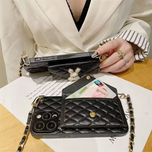 Kushide Xiaoxiangfeng adapté pour Apple 15ProMax étui de téléphone portable lapin sac à dos style diamant pièce de monnaie étui à cartes 15Pro portable bandoulière housse de protection Xiaoxiangfeng lapin diamant sac à bandoulière-noir-chaîne longue et courte iPhone14pro