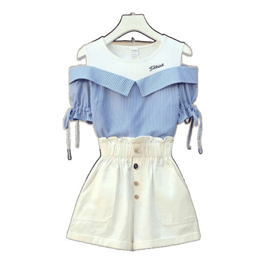 Opeodly Single/Gran tamaño Summer Summer NUEVO estilo de estilo Ade. Reductor de edad de altura que se acumula altas con la cintura alta de las piernas anchas altas de dos piezas 684 Top de rayas azules (pieza única) L Recomendado 103-120Jin [Jin iguala 0.5 kg]