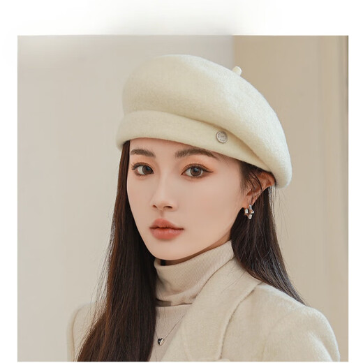 HUIGYAAY light luxury wool beret hat for women, Korean autumn and winter new style, small fashionable painter's hat, British retro beret hat, milky white M (56-58cm)