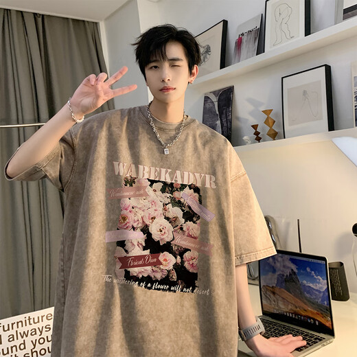 YOOOURTHING夏季新款潮牌美式复古蜡染水洗做旧宽松240克重磅纯棉短袖t恤男士 T691水洗黑色 XL建议（120-145斤）