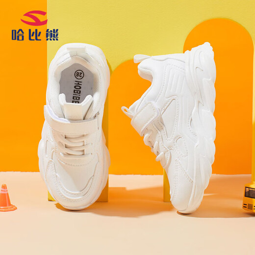 HOBIBEAR children's shoes spring and autumn children's sports shoes white shoes boys' shoes leather casual girls' shoes GS7593 white size 34