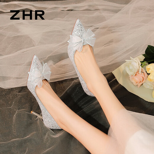 
ZHR Chinese Valentine's High Heels Women's French Crystal Wedding Shoes Women's Thin Heels Pointed Bow Single Shoes Women's BQ122 Silver 37