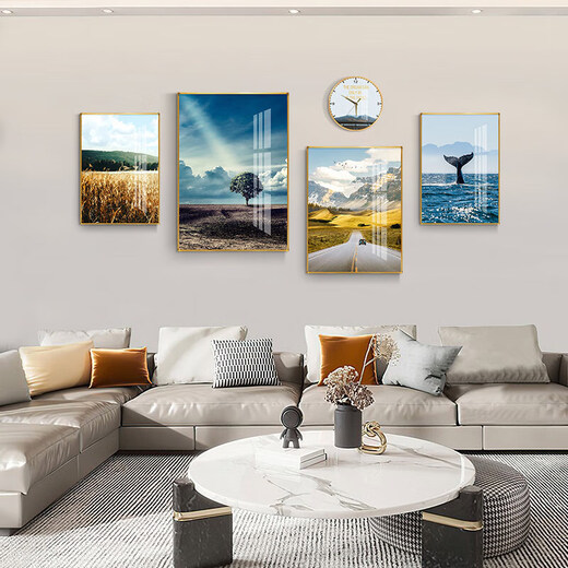 摩琥（mohu）客厅装饰画沙发背景墙壁画现代简约风景山水画电视墙高档新款挂画 海阔天空15931(含挂钟) 钢化晶瓷大组合-黑框