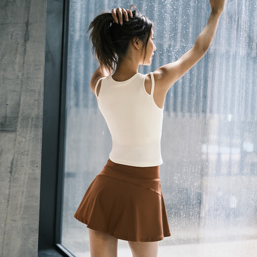 La Nikar Yoga Vest Women's Fake Two-piece Top with Padded Sports Bra Pilates Fitness Sleeveless-S1372 Cream Apricot L