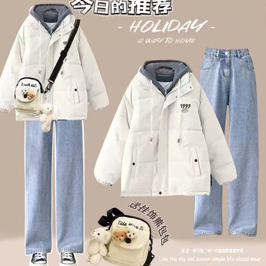 Fhhuabd Winter Frauenkleidung volle Set kleiner süßer Plüsch-verdickter Beutel für weibliche Studenten koreanische louse Brotplüschschwarze Hose 1396# S Empfohlen 80-95jin [Jin gleich 0,5 kg]