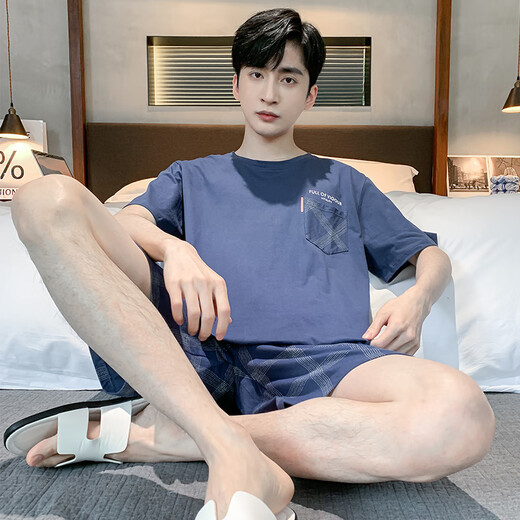 雅鹿男士睡衣纯棉夏季薄款短袖短裤套装大码宽松夏天可外穿男款家居服 HD9922短袖短裤套装男 L 码