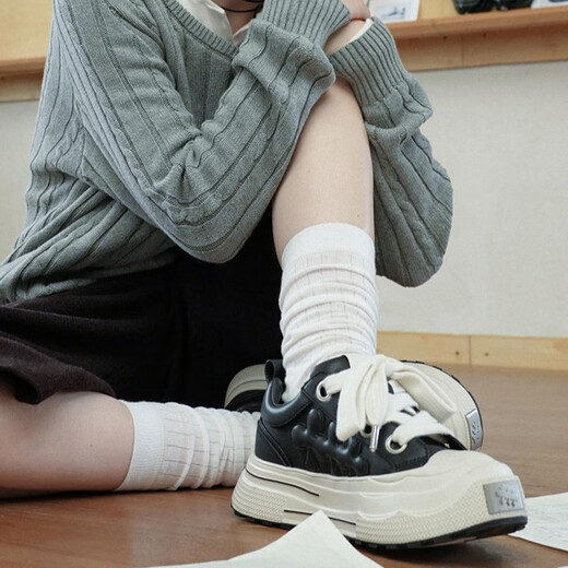 SHOOT BRAND Reprise Black Plum Sneakers for Men and Women Thick-soled Heightened Retro Leather Bread Shoes Plum Blossom Shoes Autumn and Winter Black 37