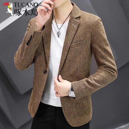 啄木鸟（TUCANO）春秋灯芯绒小西装男韩版潮流修身西服外套男士单西帅气休闲上衣服 卡其色 L （105-120斤）