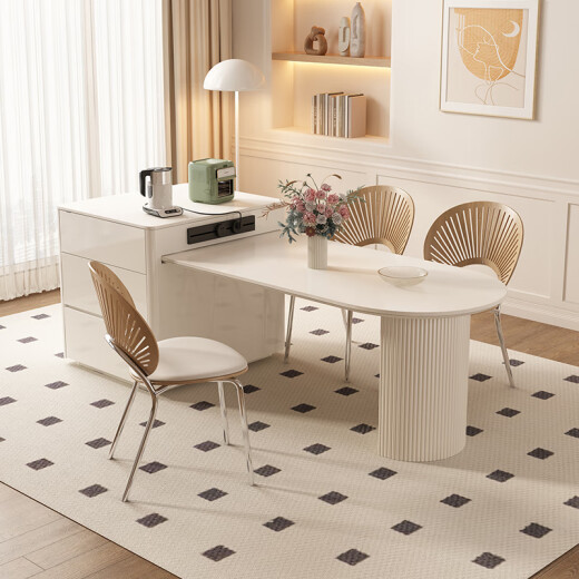 Pashaman Dining Table Rock-pan island dining table integrated Nordic cream style small apartment retractable multi-function household 1052Y 1.75-2.2 meters telescopic dining table + 4 dining chairs (1047) Designer's new model