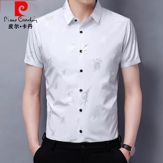 Pierre Cardin Summer Camisa de manga corta Men Estilo chino Vestido de novia festivo de mediana edad.