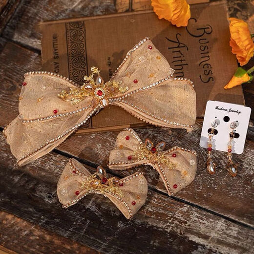 Lingchuan Xiuhe tiara bridal toast clothing female Xiuhe clothing Chinese hair accessories red simple and elegant bow FD067 wine red pair clip + ear clip