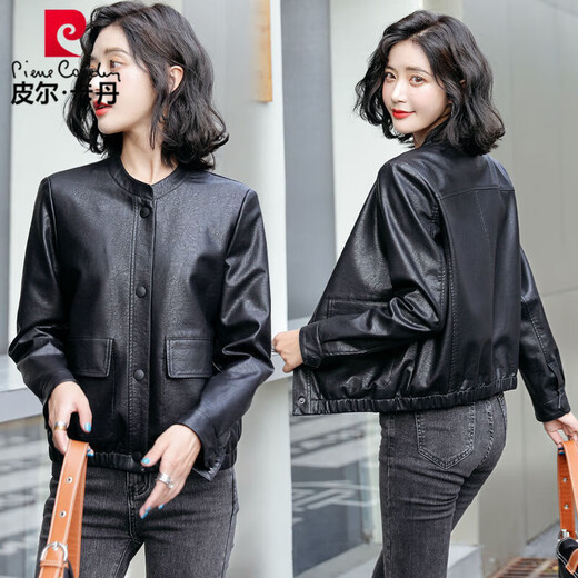 Pier Cardin Haining de chaqueta de cuero de cuero de cuero y otoño chaqueta de cuero corta 2025 Nuevo estilo coreano Negro pequeño y de moda Negro [buen cuero] L Recomendado 100-110Jin [Jin equivale a 0.5 kg]