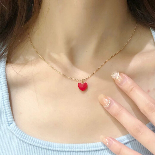 Bhiodha zirconium washable high quality 14k gold small red heart necklace clavicle chain peach heart red 18K gold 18K gold
