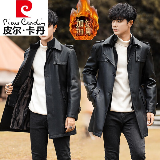 
Pier Cardin autumn and winter men's fashion handsome mid-length PU warm jacket for youth trendy urban simple plush thickened leather jacket black-16867-medium-length M