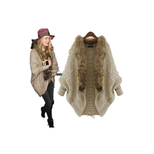 Lan Junqi European and American short jacket sweater for autumn and winter women's long-sleeved loose fur collar sweater cardigan thick bat shirt trendy picture color average size 60160Jin [Jin equals 0.5 kg]