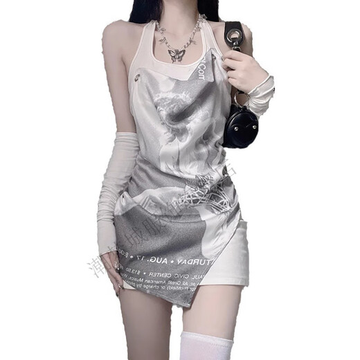 潮梦城美式复古性感辣妹假两件无袖恤女夏季新款紧身外穿古着印花上衣 XZ#9227 白色 XL