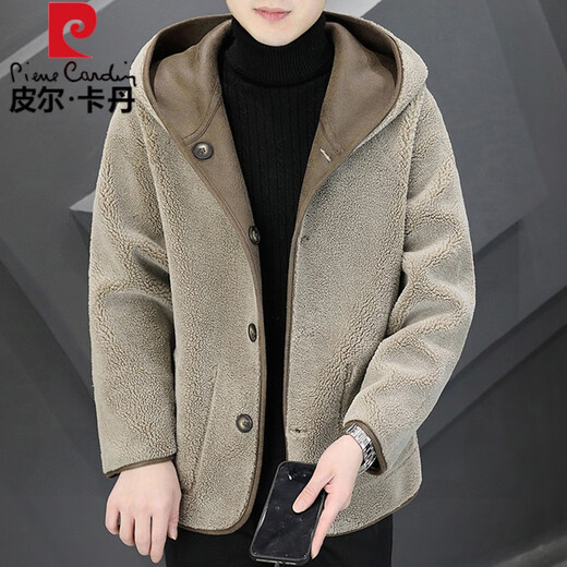 皮尔卡丹（pierre cardin）连帽皮草颗粒羊羔绒复合皮毛一体外套男士加厚两面穿仿羊剪绒皮衣 驼色(两面穿) L 105-120斤