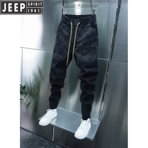 吉普（JEEP）夏季新款男士多口袋休闲裤渐变色字母修身小脚牛仔裤弹力哈伦裤潮 黑色 31 建议130-140斤