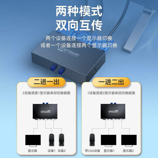 胜为VGA一拖二双向切换分屏器二进一出分配转换器 电脑主机显示器电视 DVG2001G