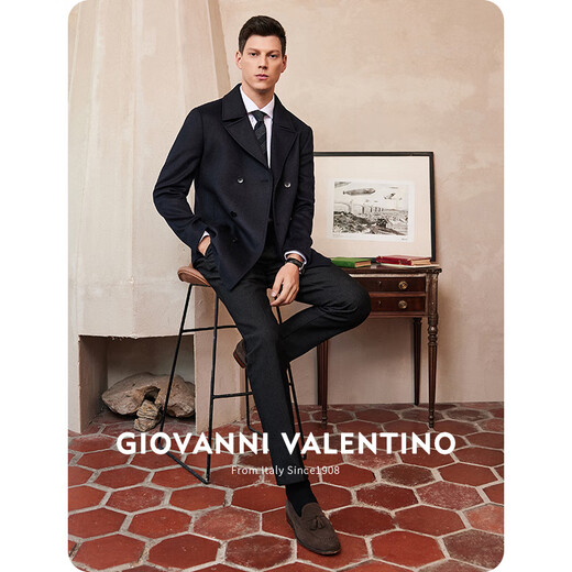 GIOVANNI VALENTINO wool mid-length woolen coat jacket men's business casual windbreaker suit collar slim top Navy XL