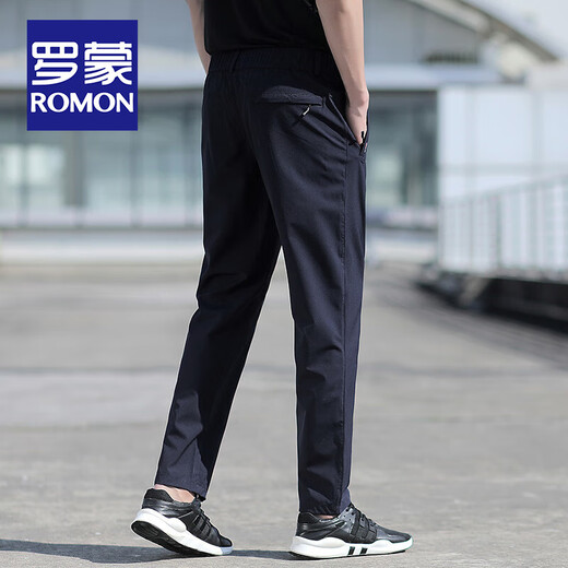 罗蒙（ROMON）冰丝休闲裤男士夏季薄款宽松大码运动中年爸爸弹力直筒速干裤子男 夏季款-藏青 2XL 码