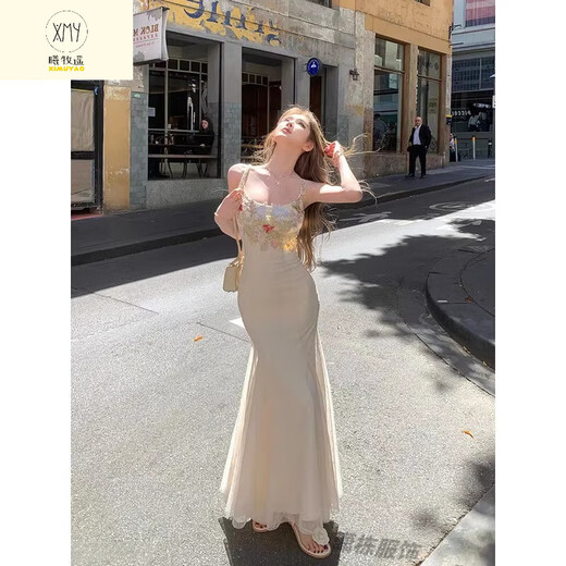 Ximu Yao Französisch Pure Desire Mesh Schlinge Kleid für Frauen Sommertemperament Taille-Huging Slim Hip Fish Tail Long Rock von Weiß [Nischenkleid/einfach und großzügig S