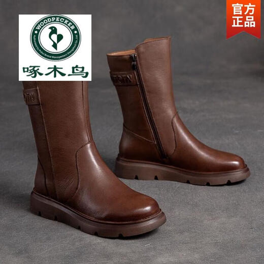 Holzspecker Offizielle Leder Martin Boots Herbst und Winter Neue Mittelröhrenstiefel weiche Sohle Low Heel Vielseitige Motorrad-Motorrad-Frauenstiefel flache Mutterstiefel Schwarz Plüsch Flaggschiff Modell 37