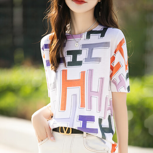 HMRSV桑蚕丝短袖T恤女2025夏季新款休闲时尚设计感凉感马家印花上衣潮 H字母印花854 XL