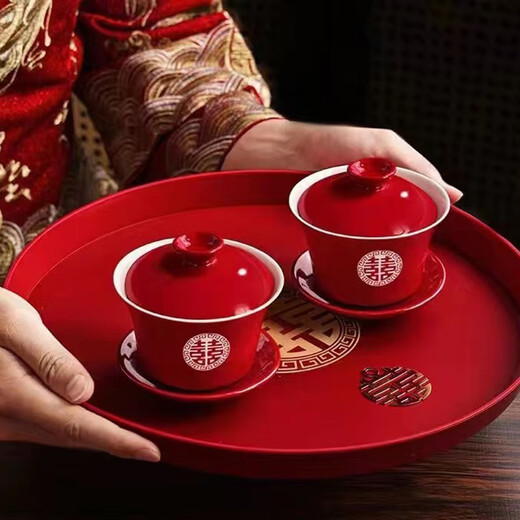 Ao Yanlai changed the word toast tea cup, wedding tea set, ceramic wedding cup, two pairs of wedding bowls, toast cup, newlywed tableware, chopsticks and kneeling mat set, happy word toast tea cup (one pair)