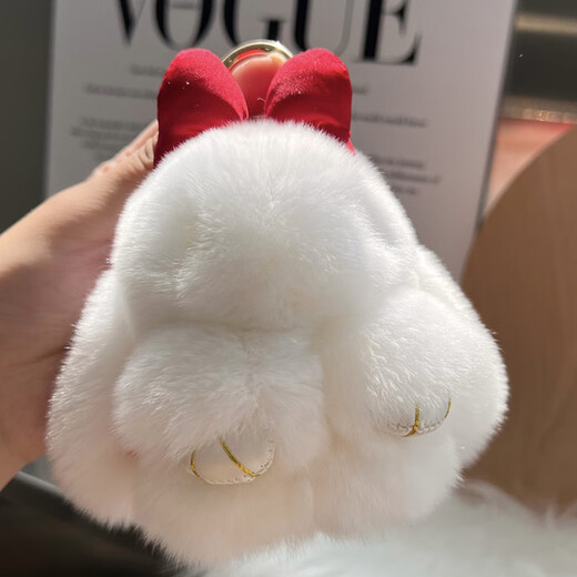 Tucker is suitable for cute real rex rabbit fur bow little rabbit car keychain pendant ins plush doll school bag rouge light pink