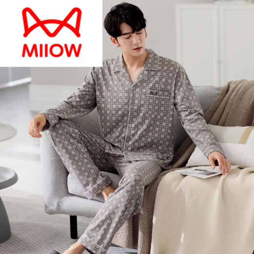 Catman (Miiow) Pyjamas für Männer Frühling und Herbst Reine Baumwoll-lange Ärmel 2025 Neuer Herbst mittlere und ältere Vater Männer Dünne Herbst- und Winter-Heimkleidung 3882 m (165 Größe) empfohlen, Gewicht zu tragen 100-125