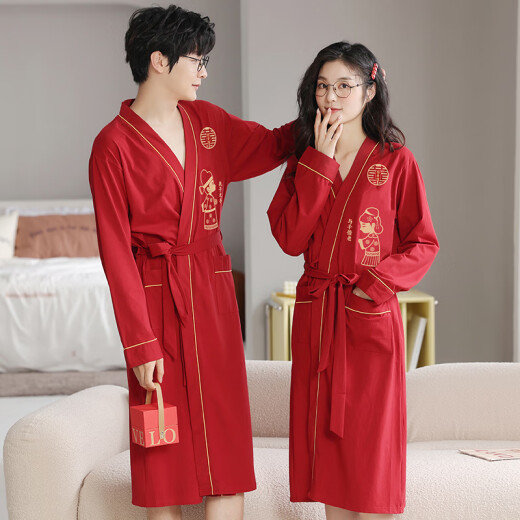 浪莎（LangSha）红色结婚情侣睡袍一男一女纯棉喜庆新婚睡衣浴袍家居服高档礼盒装 9928【礼盒装】 女M+男XL