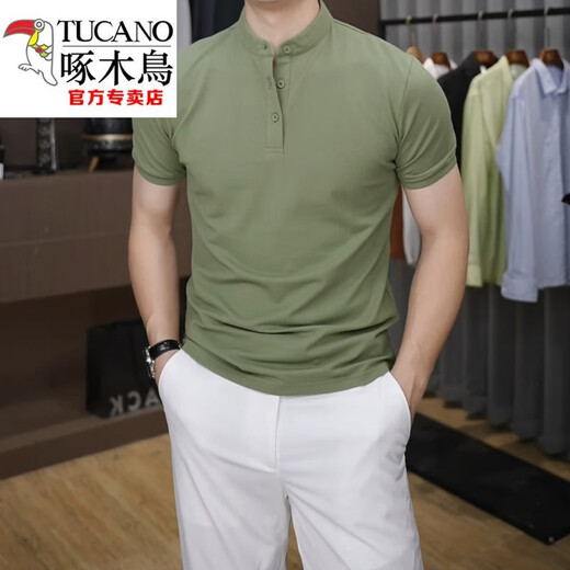 Woodpecker (TUCANO) British style men's high-quality Polo shirt summer new front shoulder short-sleeved Henry neck half-sleeved T-shirt top Black 3XL [weight 165-180Jin [Jin equals 0.5 kg]]