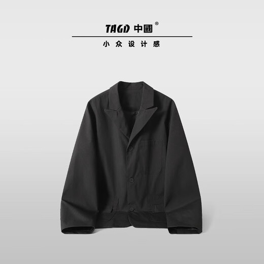 TAGD中國 简约通勤日常暗格休闲西服男2025秋季新款潮牌宽松百搭外套 黑色 L