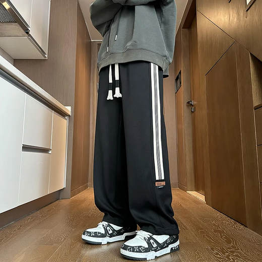 Katuchi American style velvet thickened striped casual pants for men in autumn and winter loose trendy straight wide-leg sports sanitary trousers beige-velvet XL recommended 130-150Jin Jin equals 0.5 kg