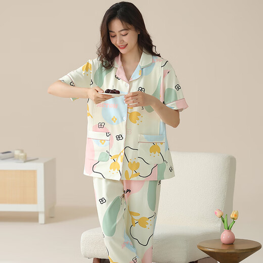 曼德莱芬 月子服夏季纯棉睡衣女款大码短袖长裤产后哺乳孕妇家居服套装 HD6913 女XL(120-140斤)