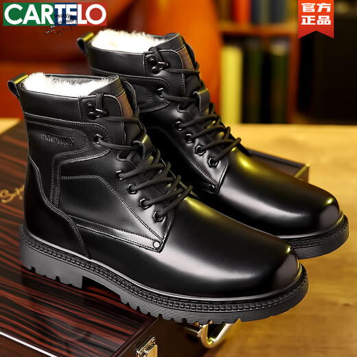 卡帝乐鳄鱼（CARTELO）马丁靴男士真皮羊毛保暖棉靴高帮头层牛皮工装户外加厚雪地靴冬季 3518 黑色【皮毛一体 平底款】 38